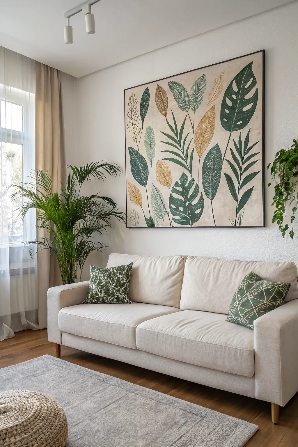 Bold leafy silhouettes on a large canvas bring calm, houseplant vibes to a minimalist living room.