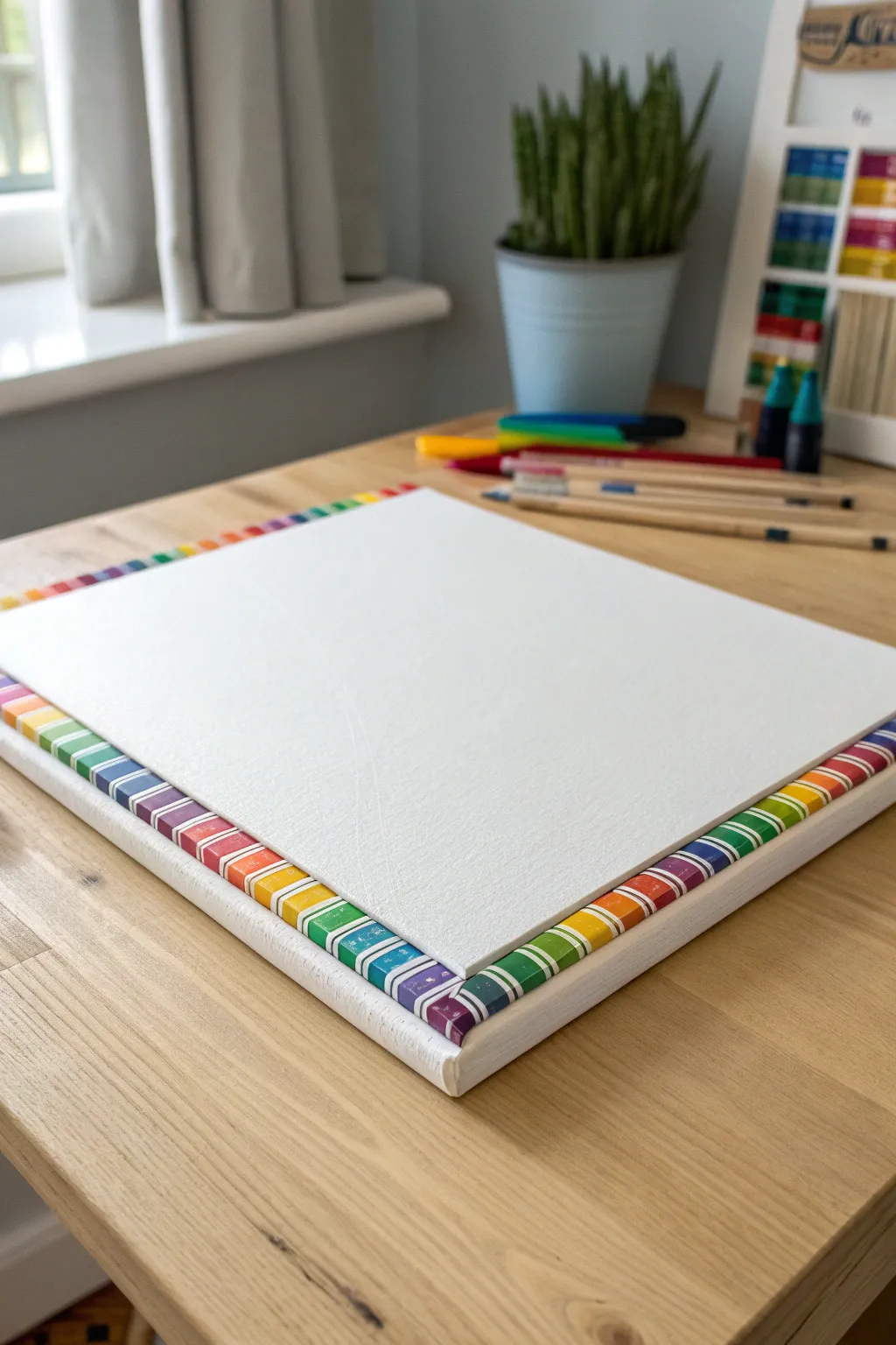 Rainbow crayon border canvas with a clean white center, perfect as a teacher thank-you painting idea