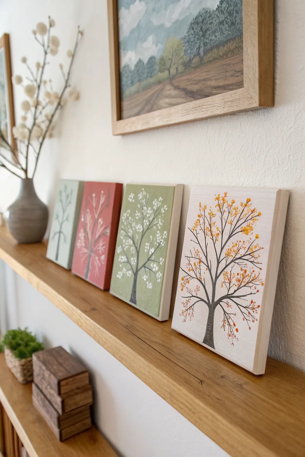 Four-season tree canvas set for a cozy painting party, minimalist boho colors and crisp contrast