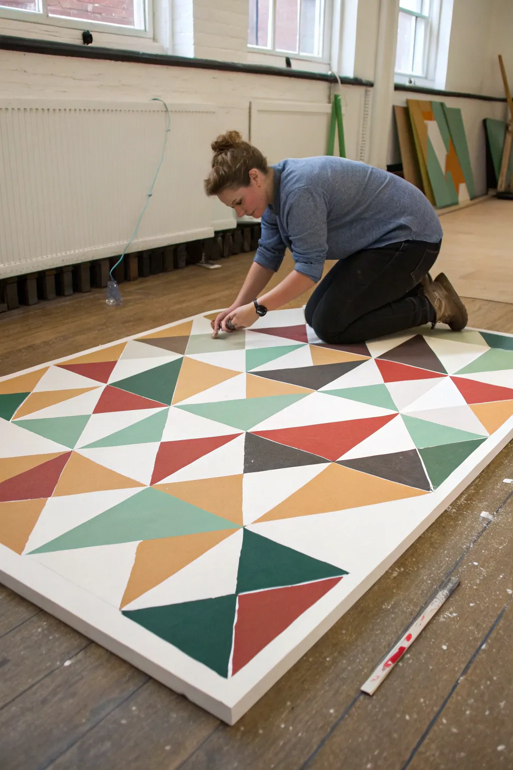 Geometric tape-resist canvas with crisp lines and a satisfying peel-back moment