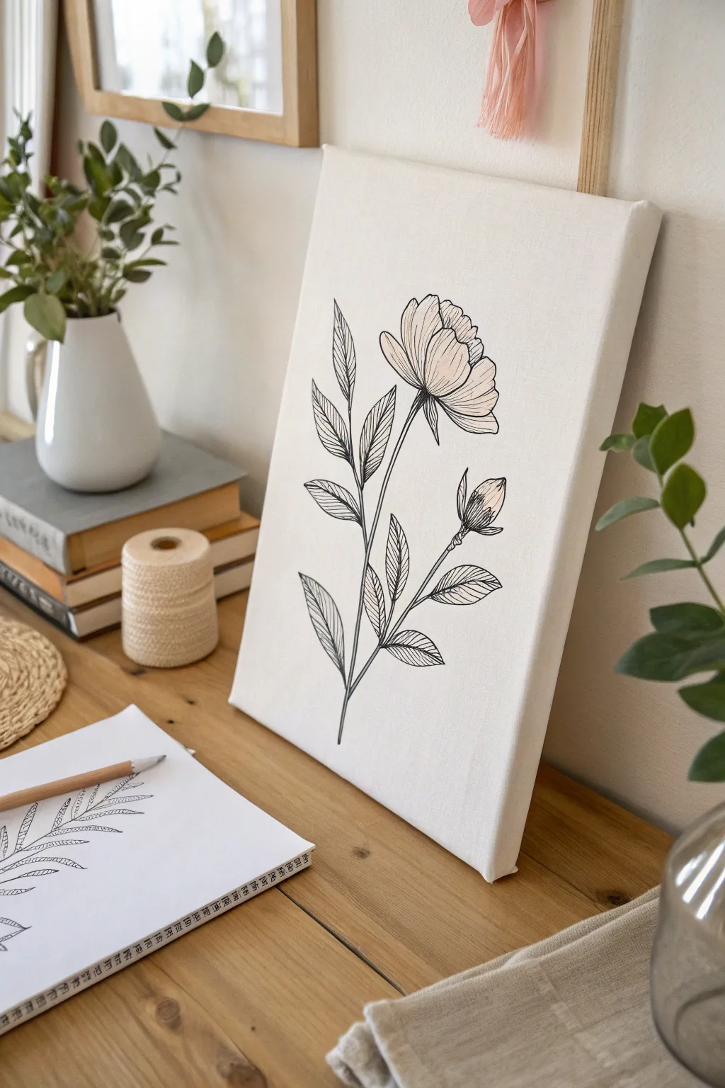 Minimalist canvas line sketch of a single flower stem with a soft boho wash backdrop