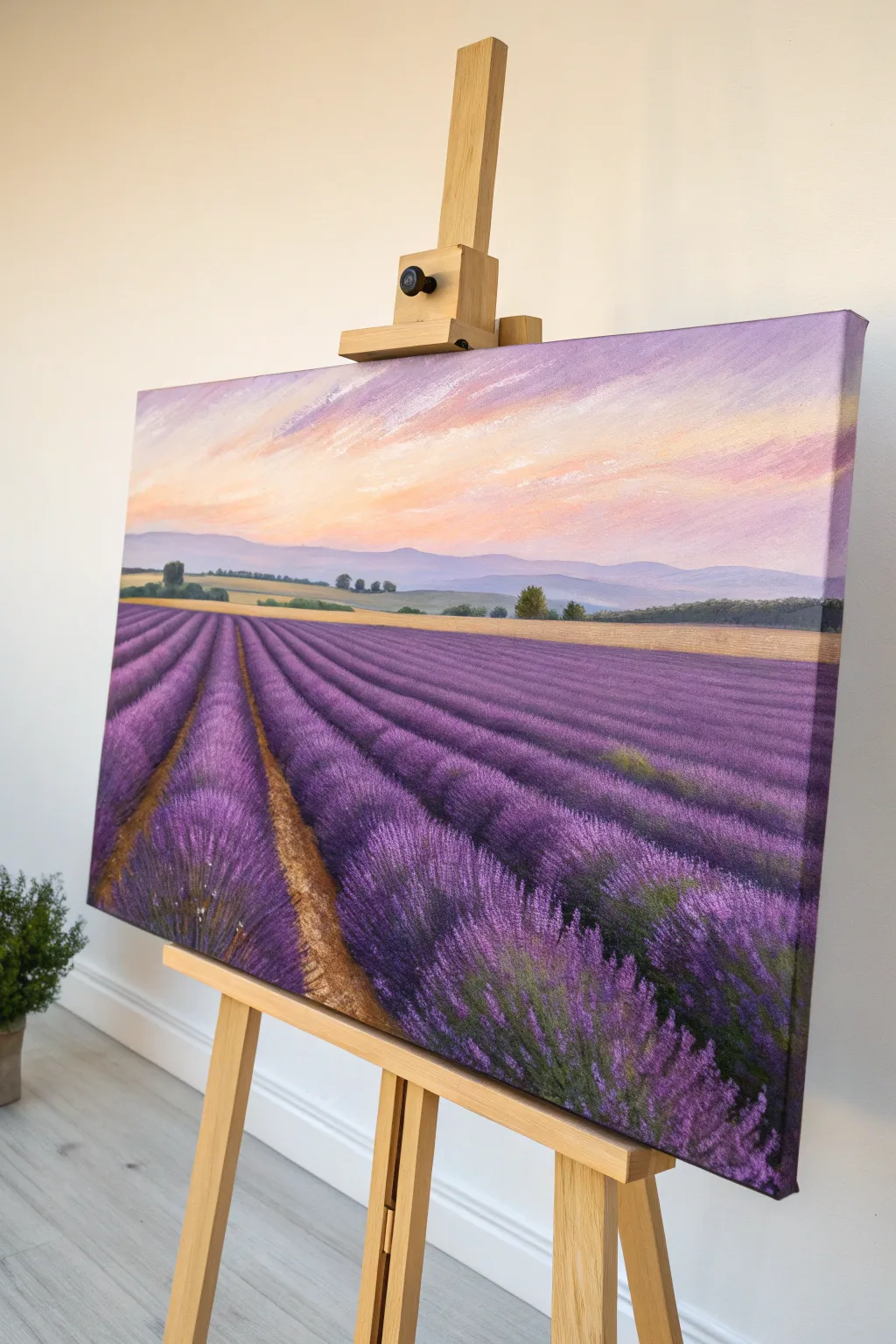 Stippled lavender bands under a warm hazy sky, minimalist spring canvas painting idea