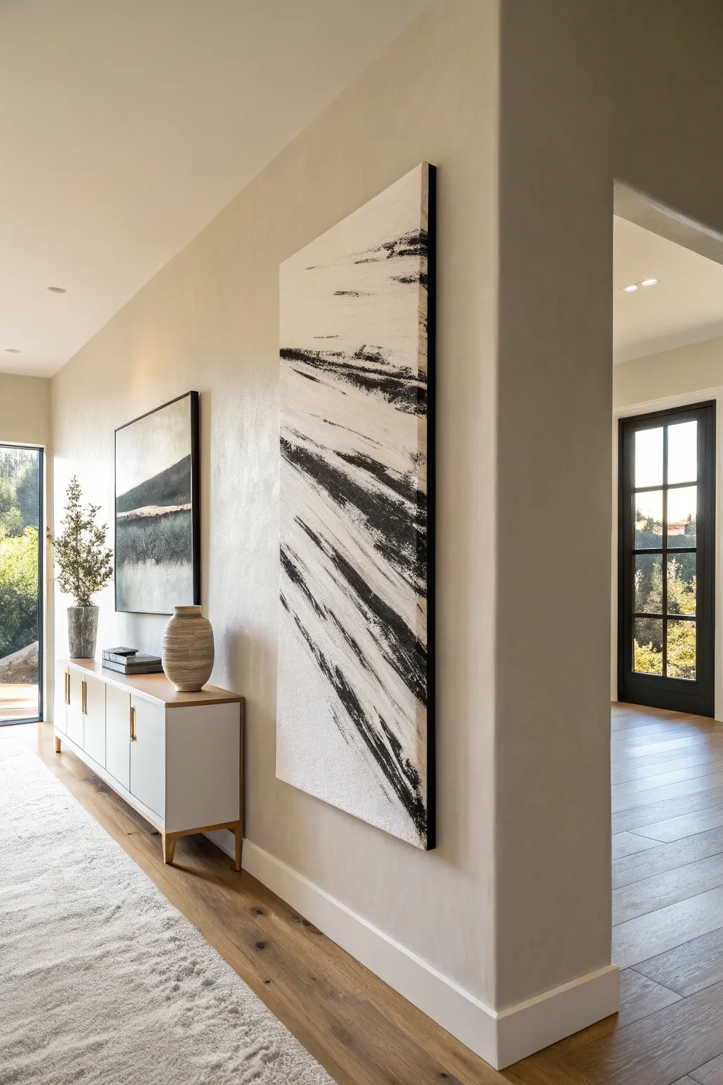 A bold black-and-white canvas adds instant contrast to a calm, light Scandinavian space.