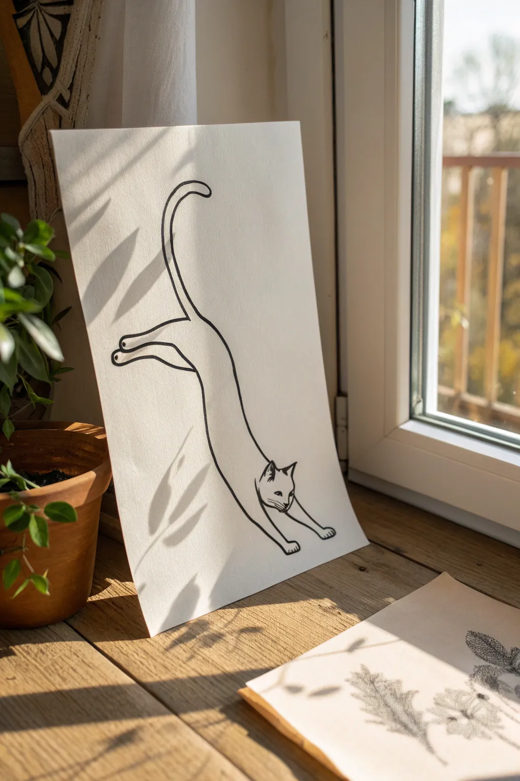 Minimal one-line stretching cat silhouette, high contrast and perfect for simple doodle practice.