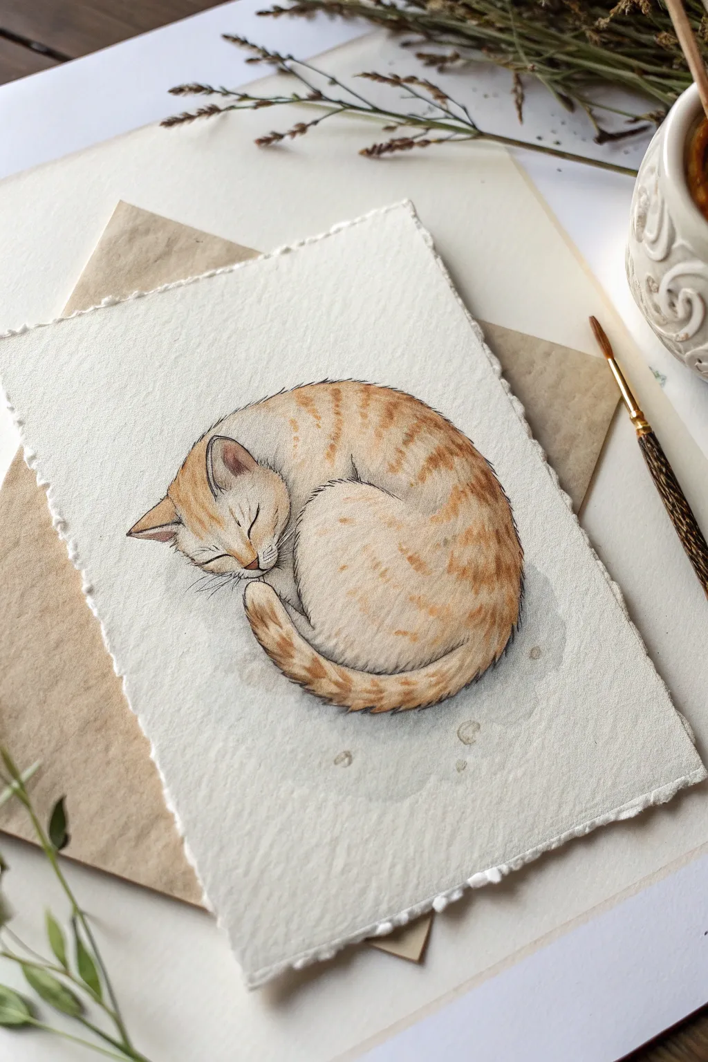 Sleepy curled-up cat from above, a cozy minimalist watercolor spiral to paint yourself.