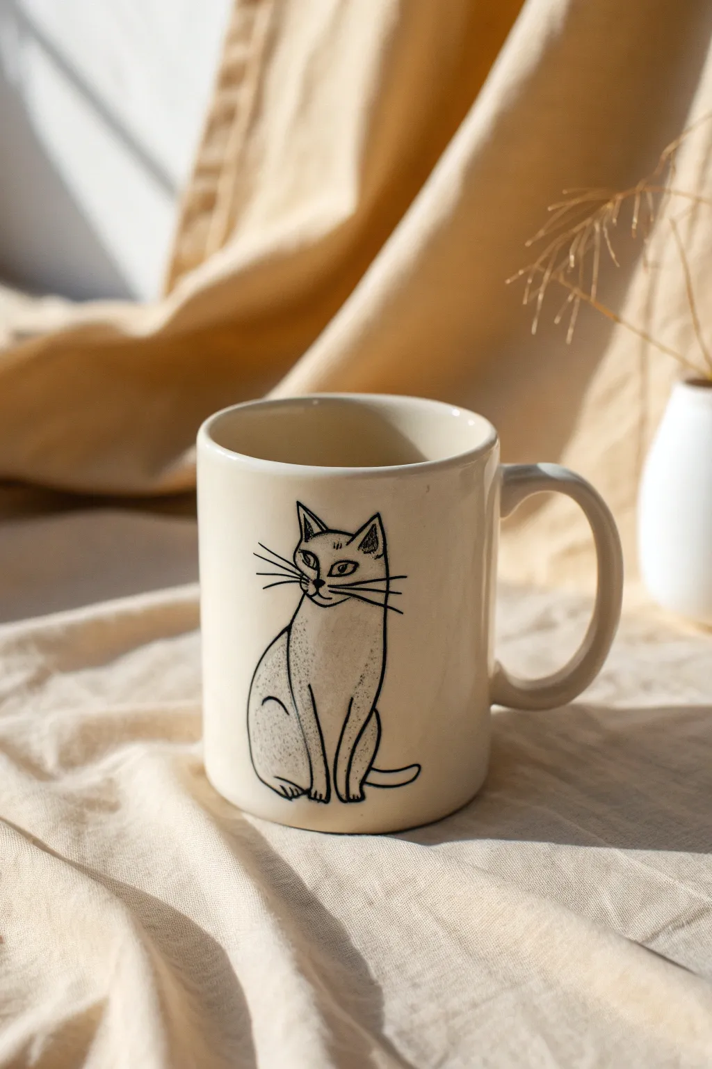 Minimal cat line art mug idea for pottery painting, Scandinavian calm with a boho touch