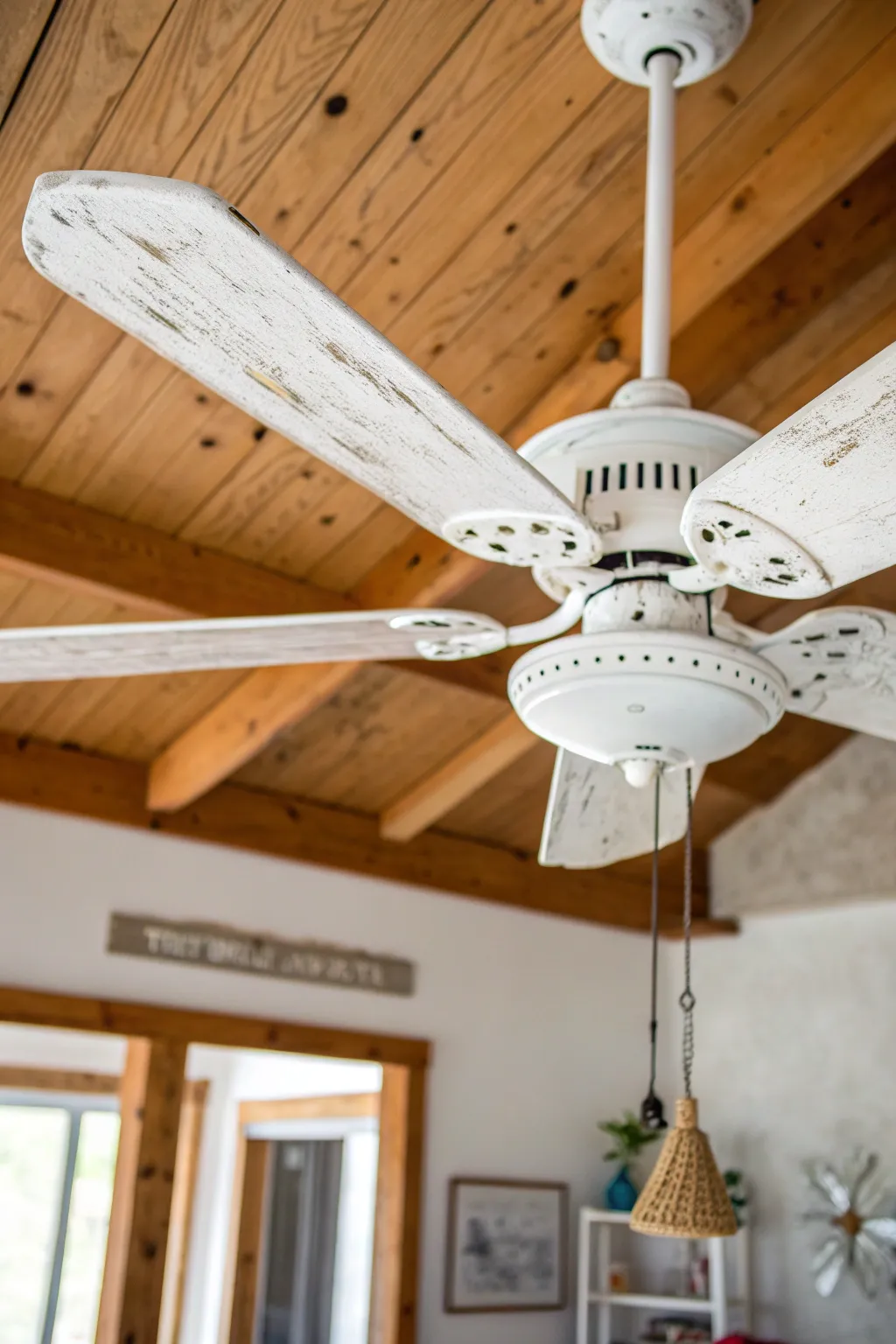 Chalky matte white ceiling fan with visible brush texture for a soft farmhouse vintage feel