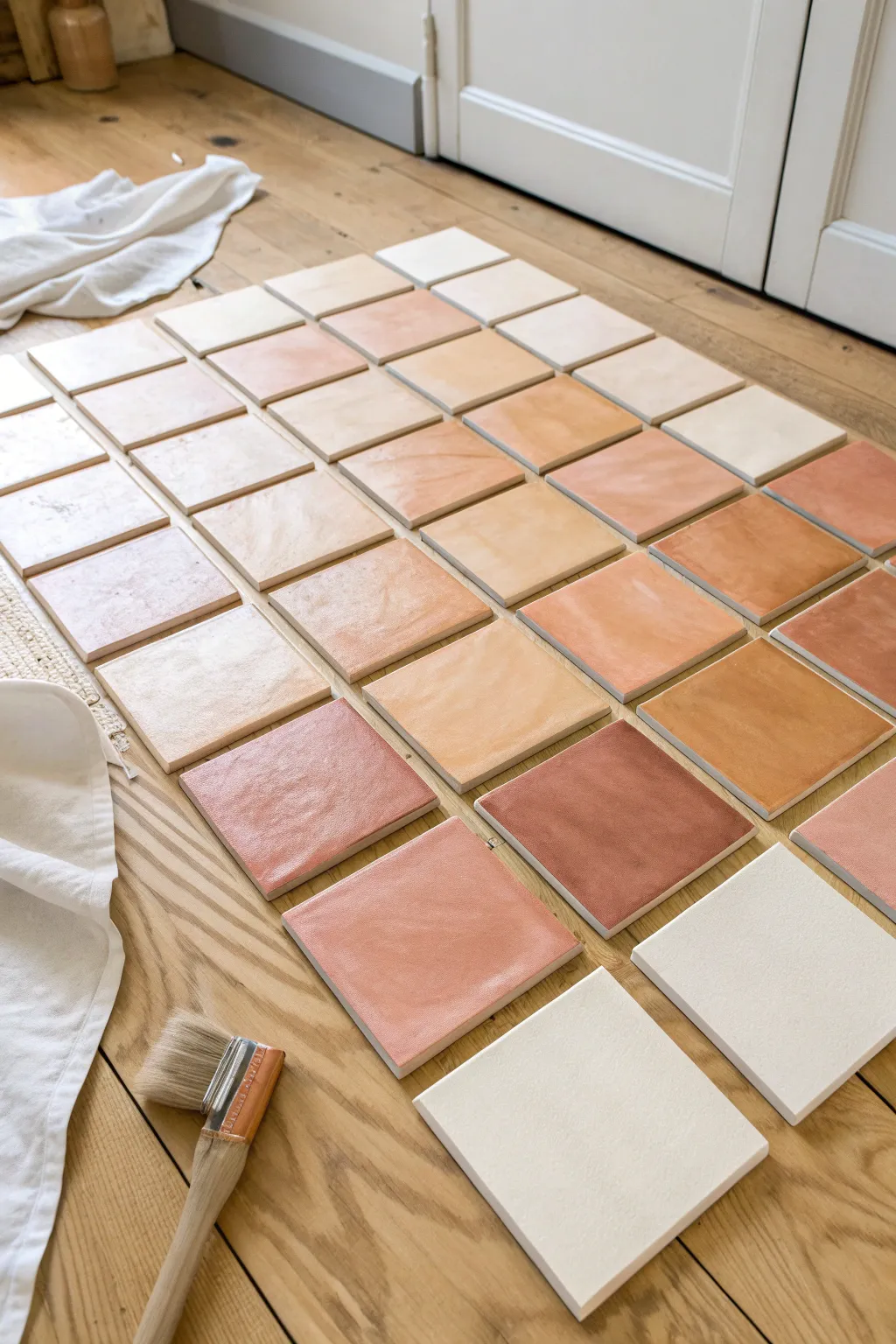 Plan your ceiling ombre: tiles shift from pale blush to deep terracotta in a tidy floor grid.
