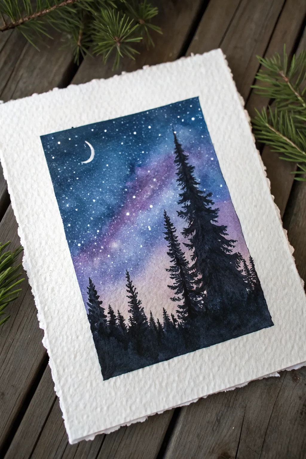 Starry night silhouette with a bright crescent moon, minimalist celestial landscape painting idea