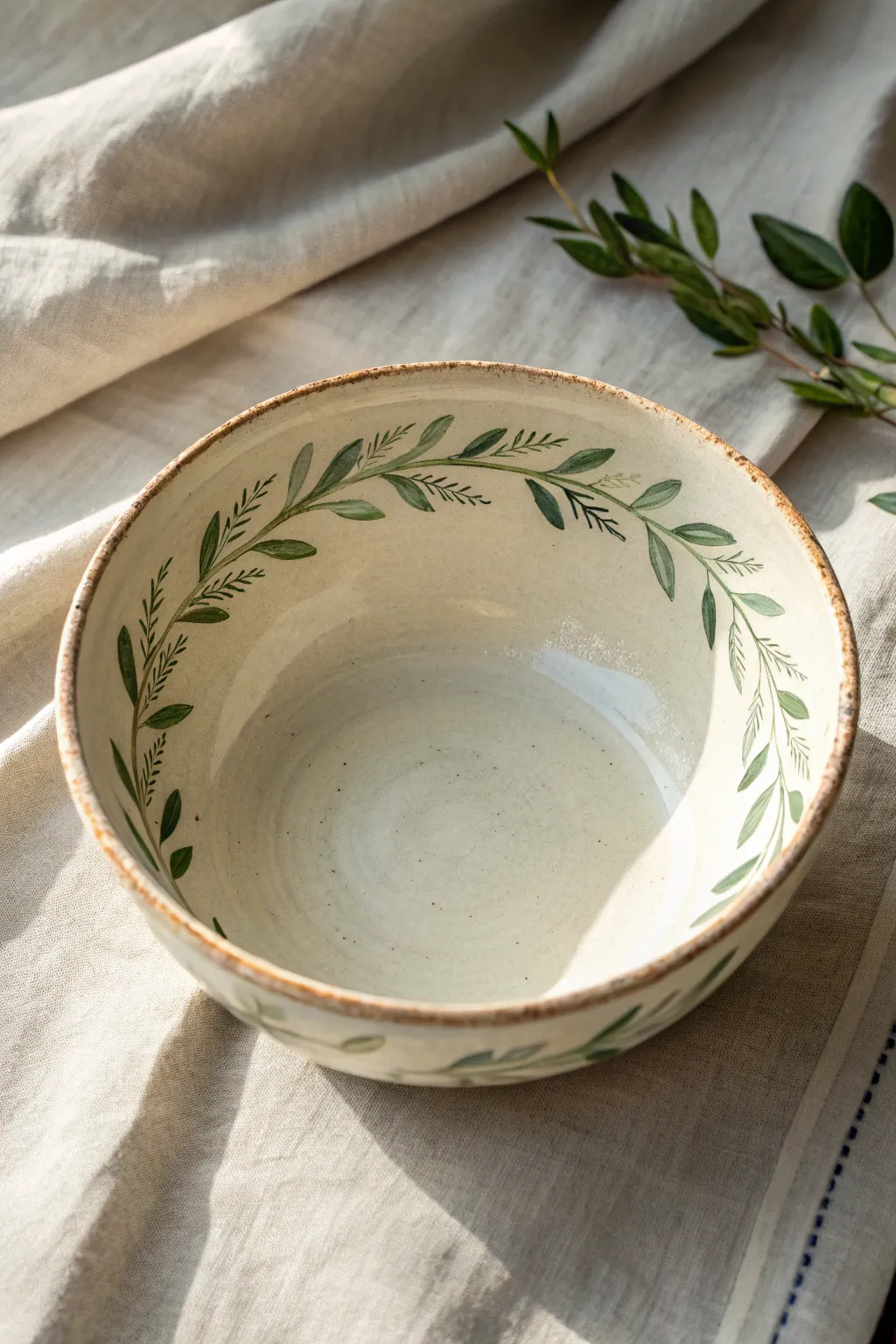 Simple leafy sprigs around the rim for an elegant, beginner-friendly ceramic bowl painting idea