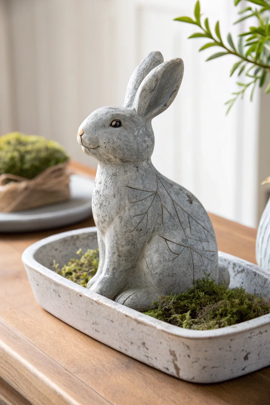 Dry-brushed faux stone bunny with moss in a minimalist tray, perfect ceramic painting inspo.