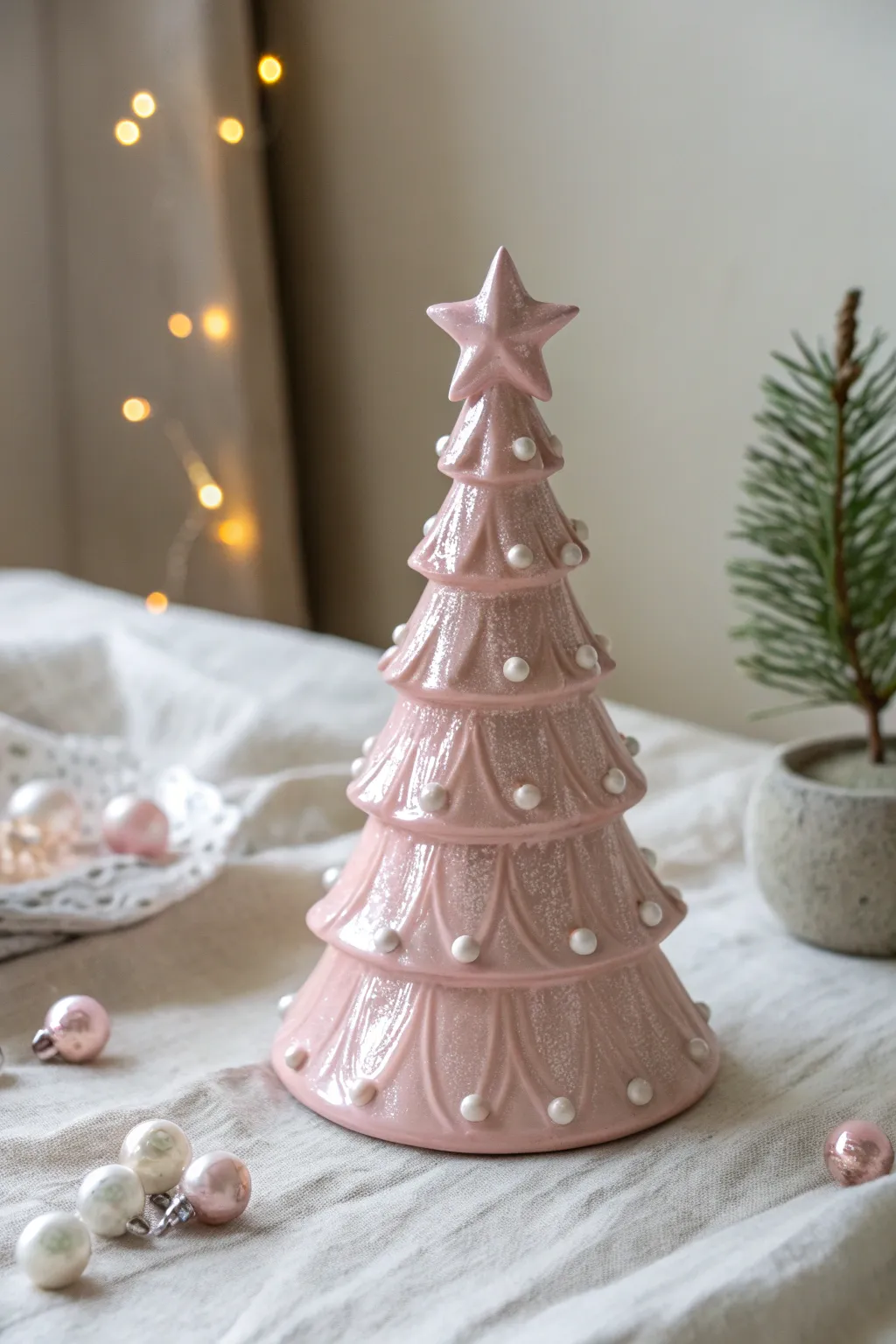 Pastel pink ceramic Christmas tree with pearly bough highlights for airy minimalist holiday charm