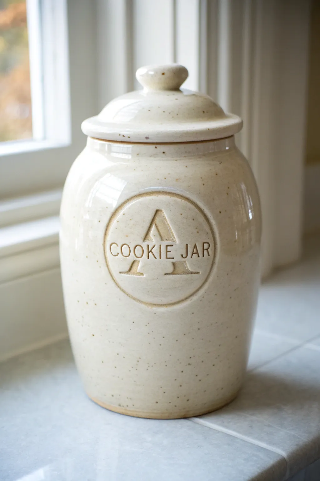 Elegant monogram medallion cookie jar in glossy white glaze, minimalist and handmade feel.