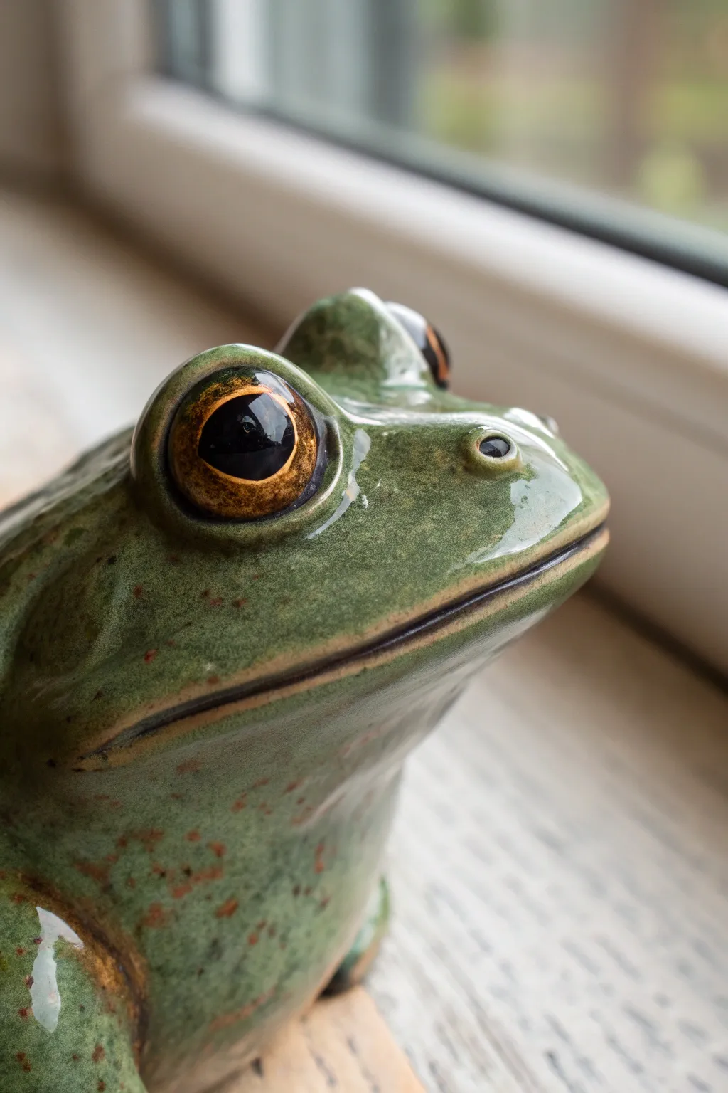 Realistic ceramic frog eyes with layered gold-olive-brown irises and a glossy sheen.