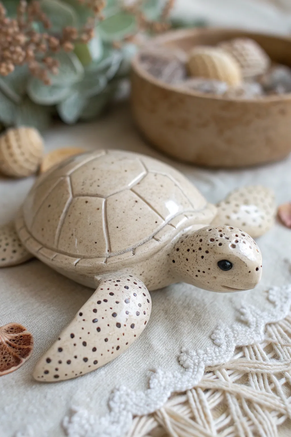 Soft speckles and stippling bring this ceramic turtle to life with minimalist boho charm