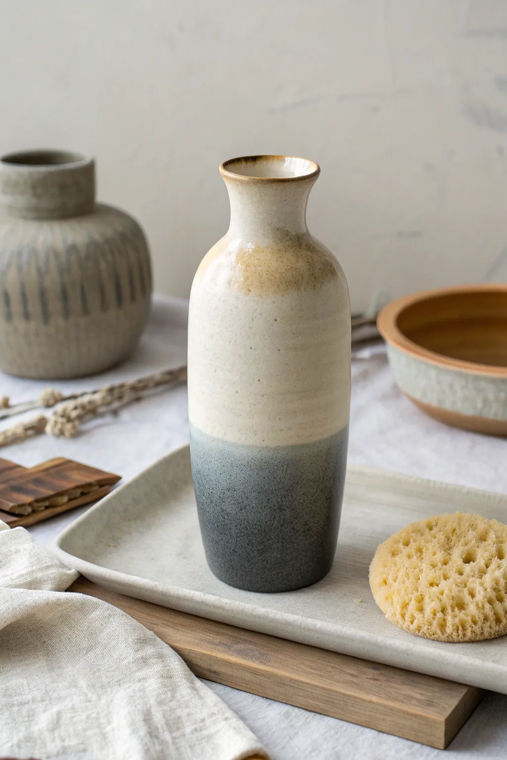 Soft ombre ceramic vase from charcoal to ivory, minimalist paint setup for gentle gradient ideas