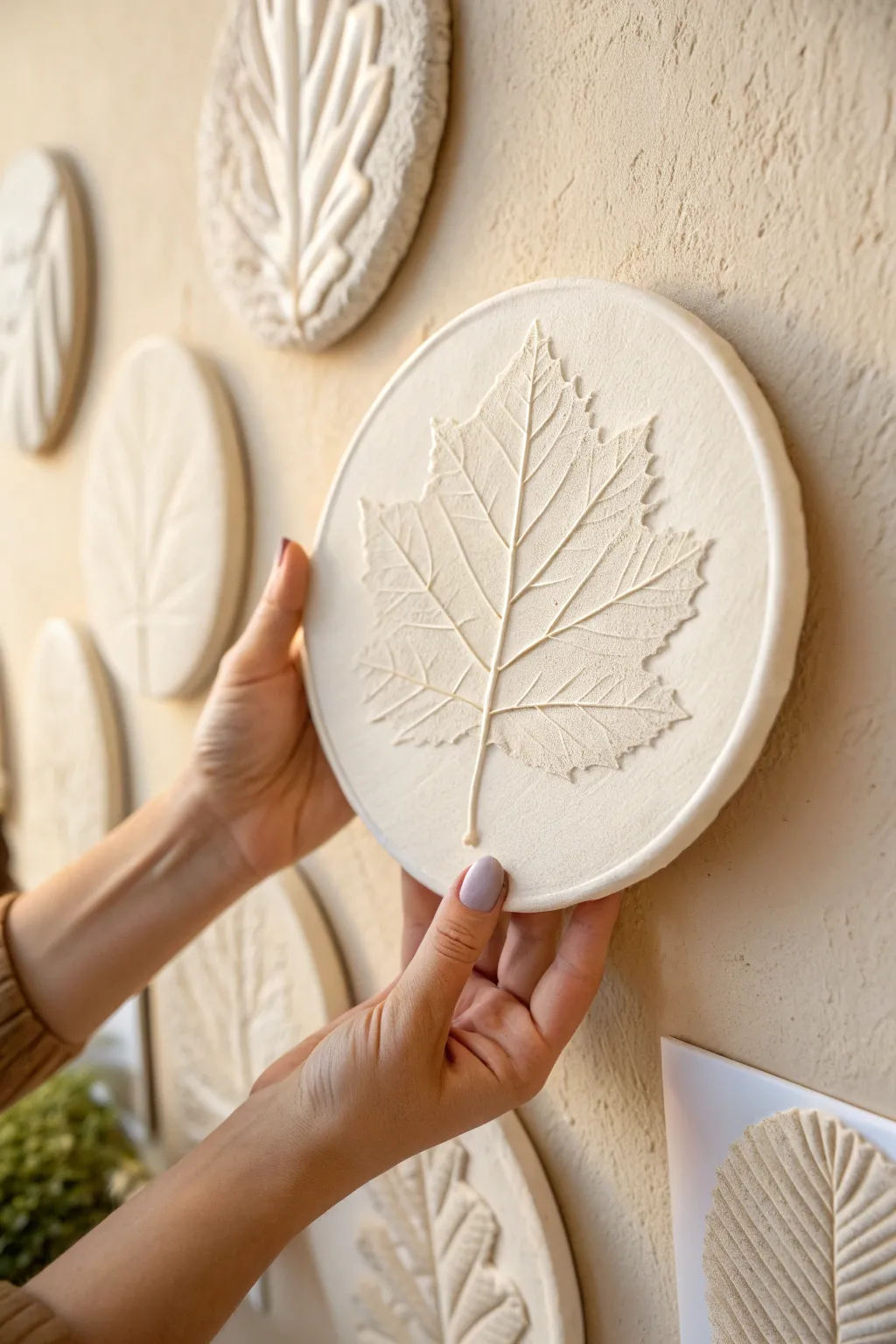 Pressed leaf-imprint ceramic plaque in hand, matte and glazed textures against a neutral wall.