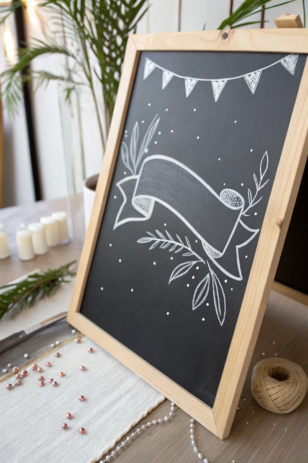 Minimal chalk ribbon banner sketch on blackboard, perfect for cute chalkboard headers.