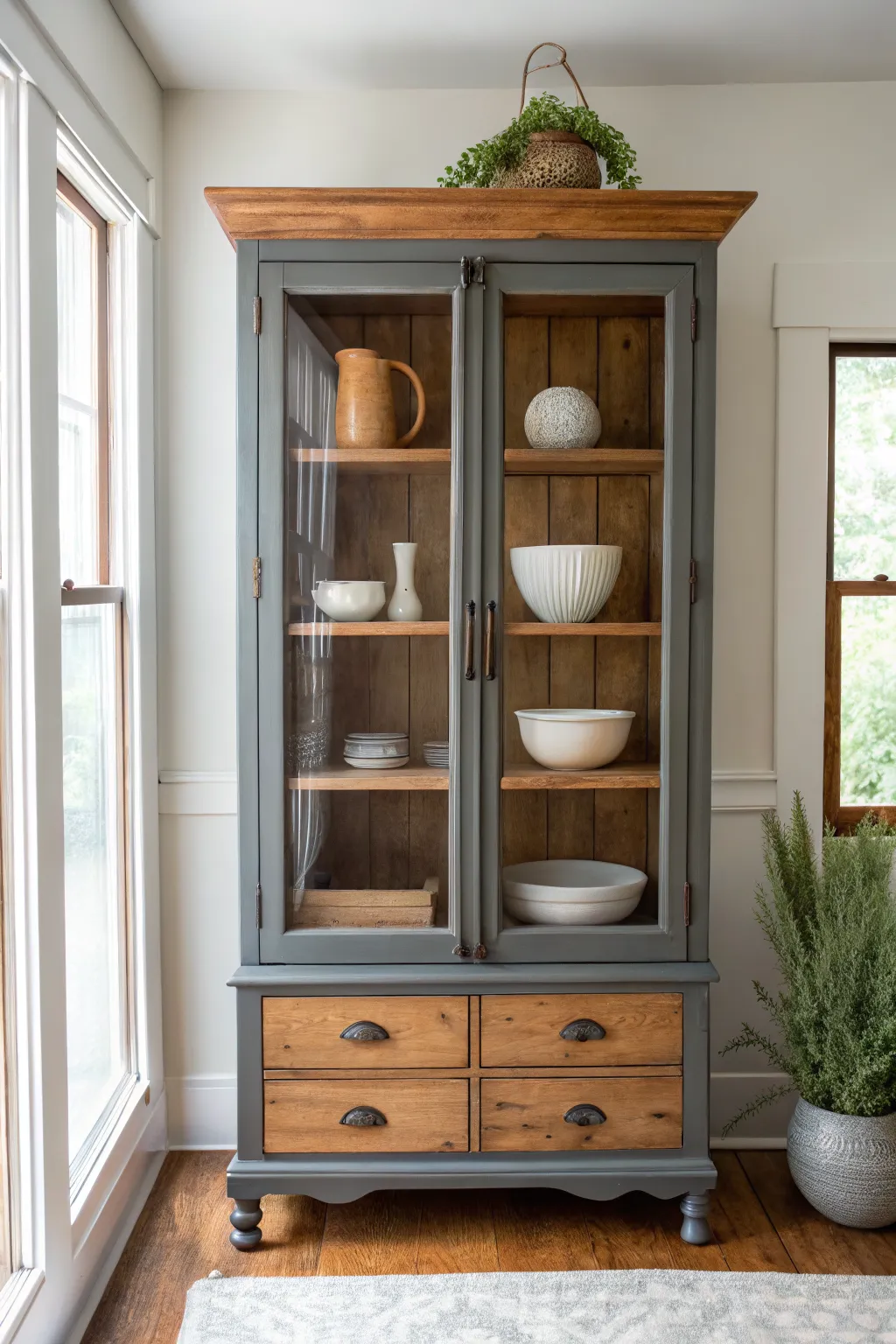 Charcoal chalk painted china cabinet with warm wood top, styled with neutral ceramics