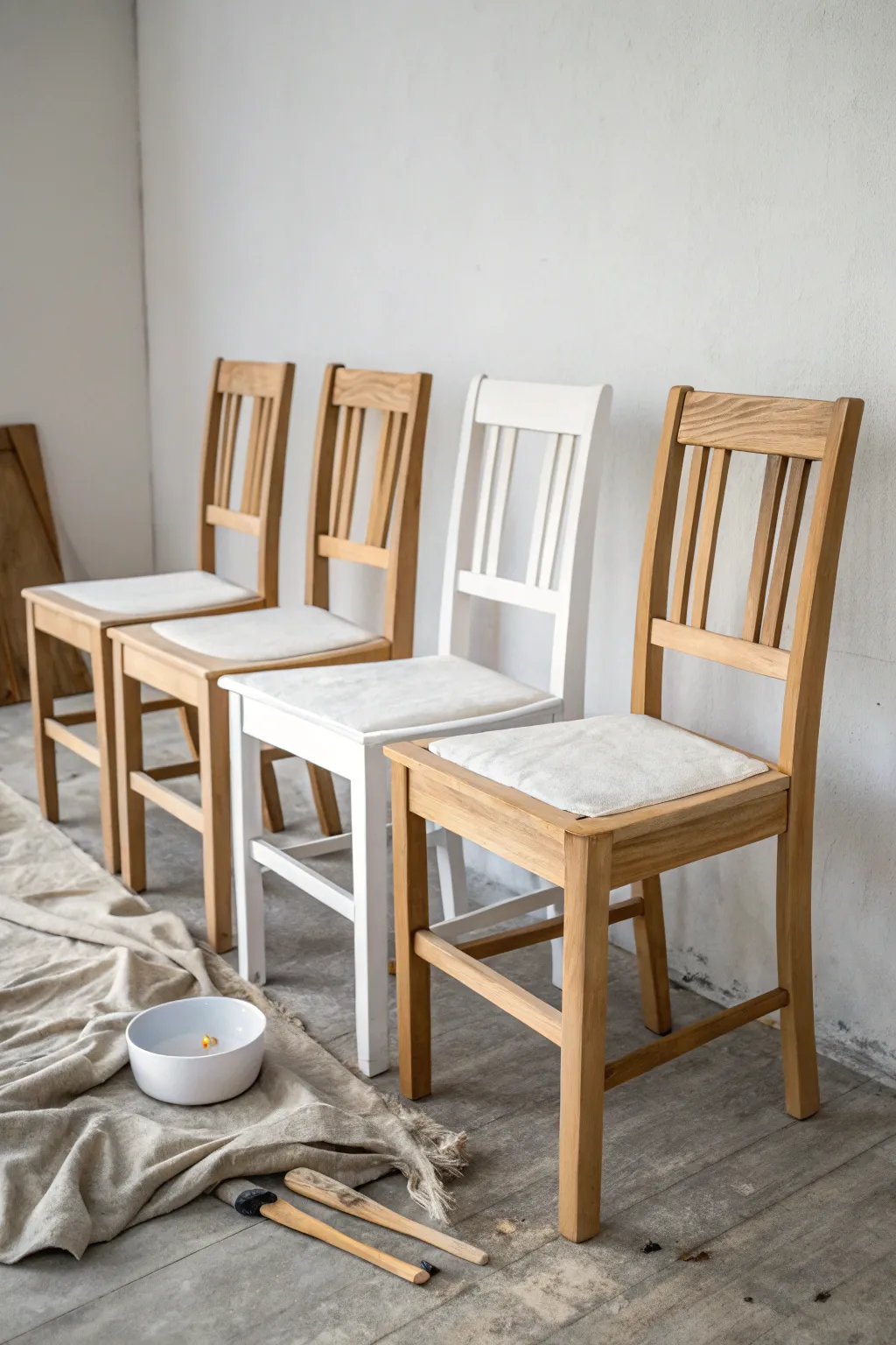 Before and after dining chairs with smooth matte chalk paint, styled in a calm minimal workshop