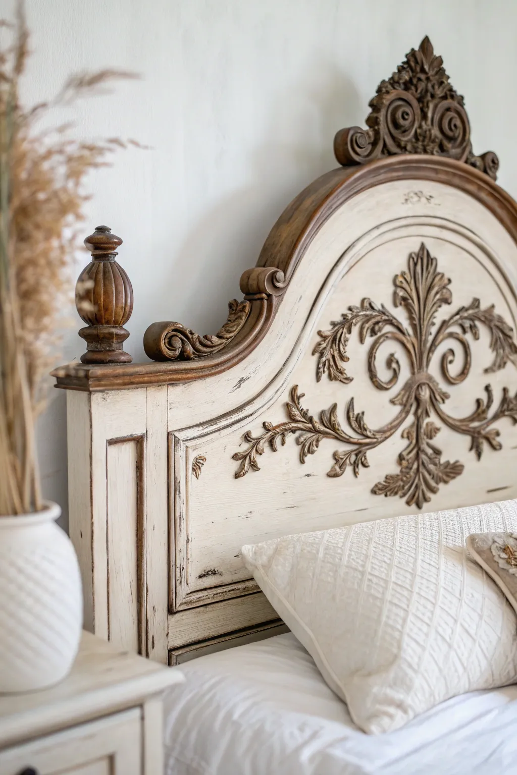 Antiqued chalk-painted headboard with dark wax for instant depth and vintage charm.