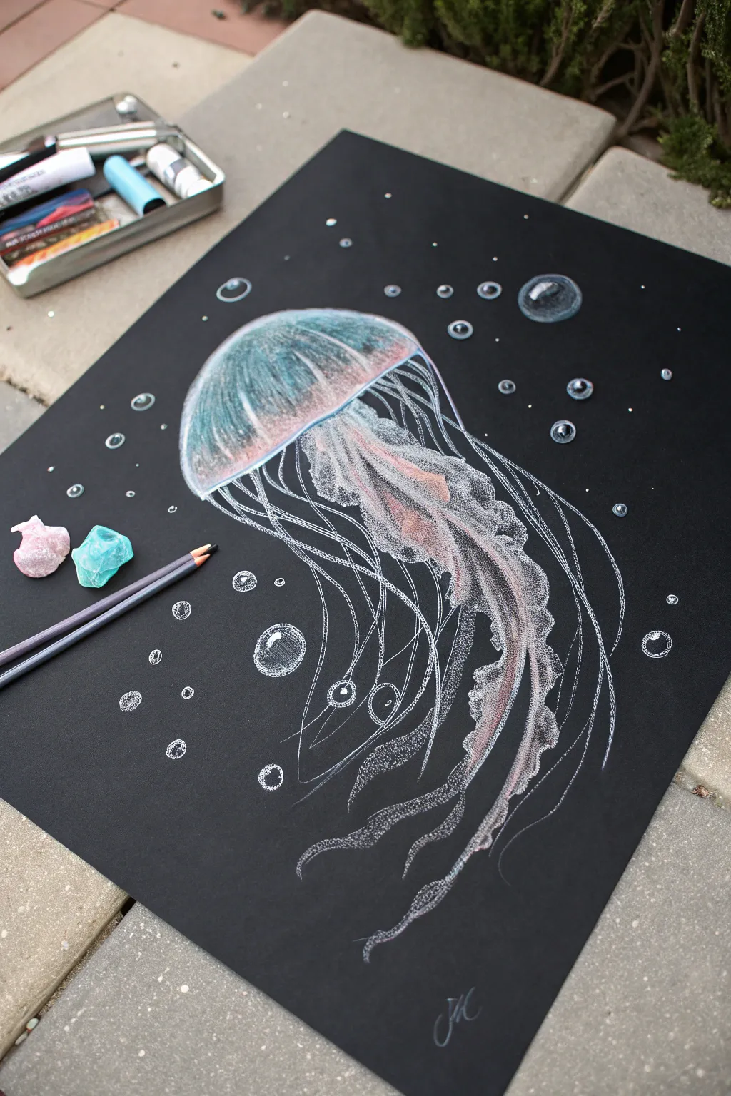 Luminous chalk jellyfish drifting underwater, a minimalist boho art idea with strong contrast