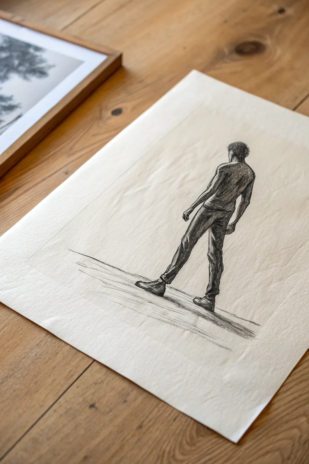 Loose charcoal gesture figure in energetic strokes, soft smudges, and clean Scandinavian calm