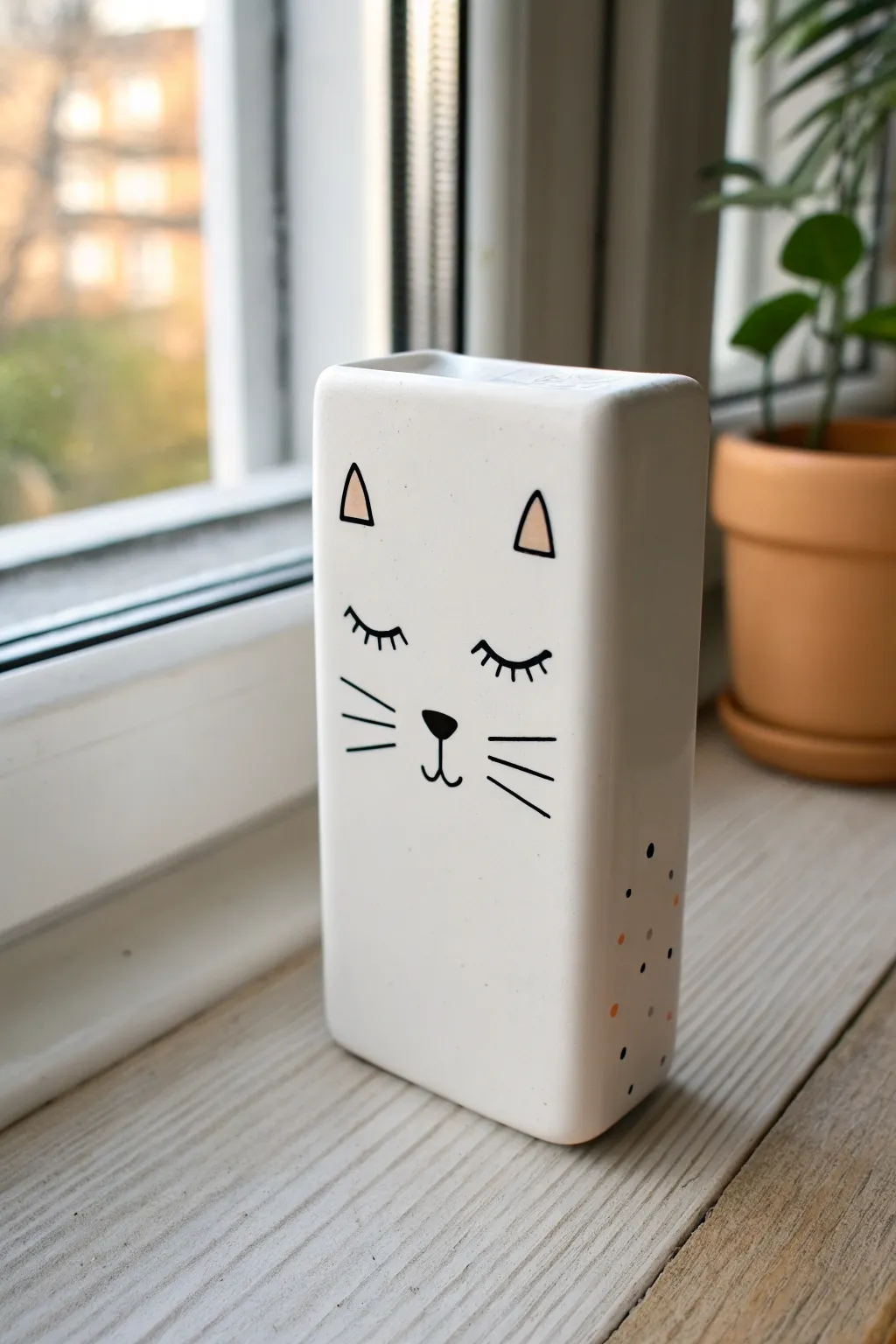 Minimal cat whiskers and nose on a charger brick, simple lines and one warm boho accent