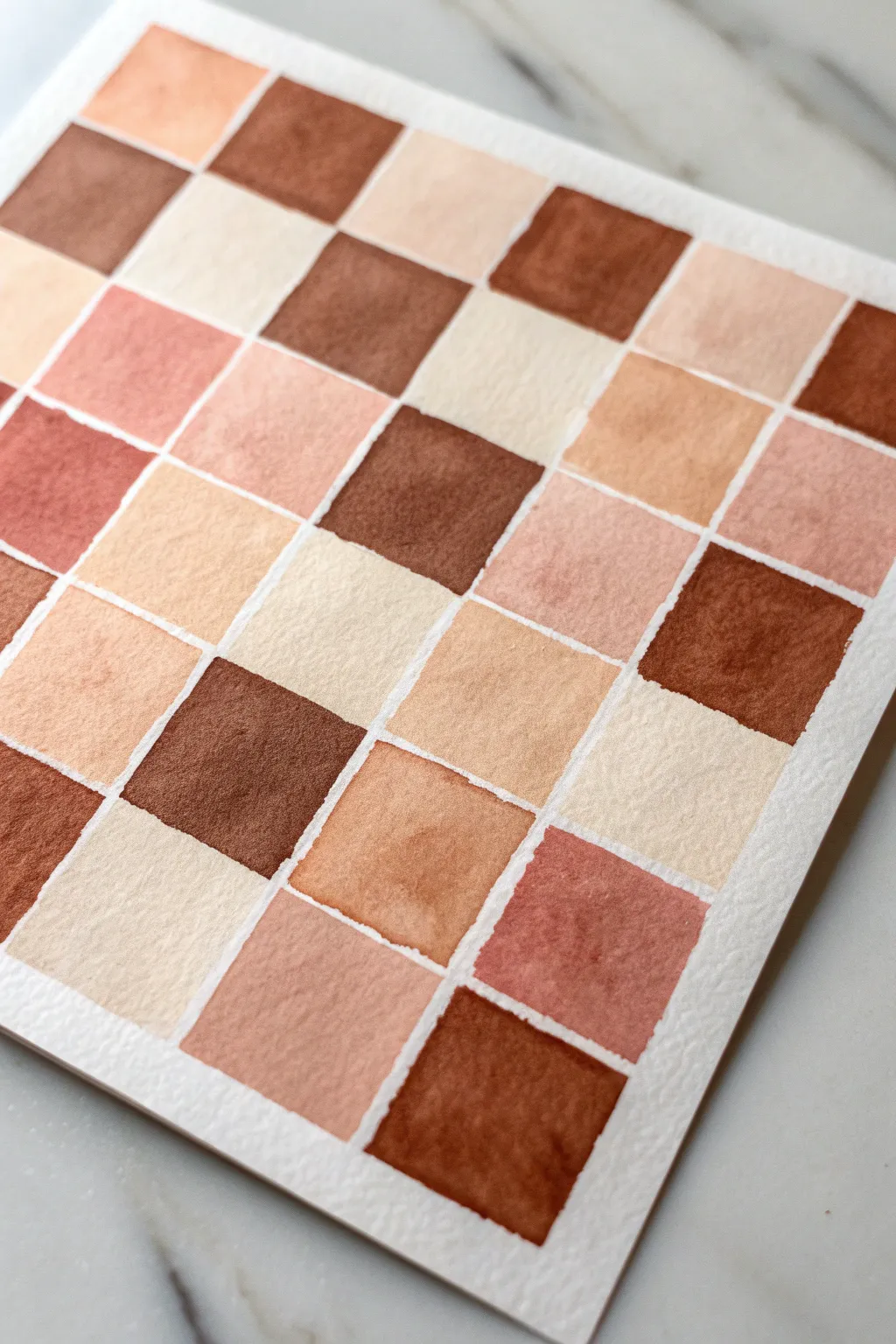 Ombre checkerboard squares fading left to right in warm terracotta-to-cream tones
