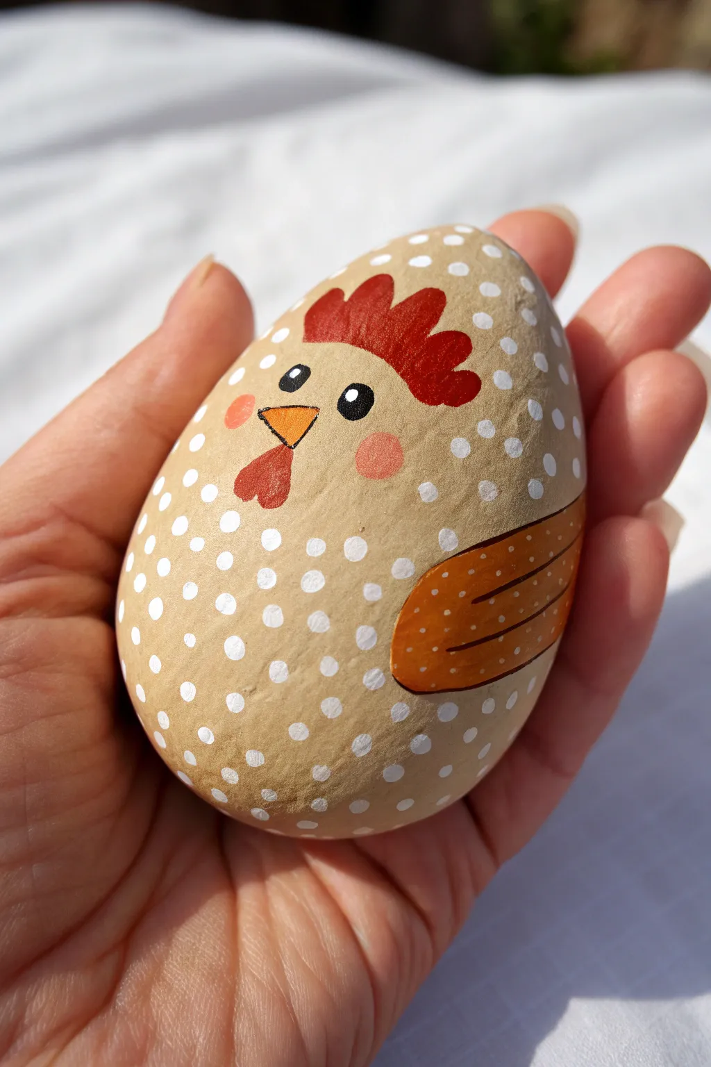 Sweet polka dot chicken rock with a bright red comb, perfect for cozy minimalist rock art.