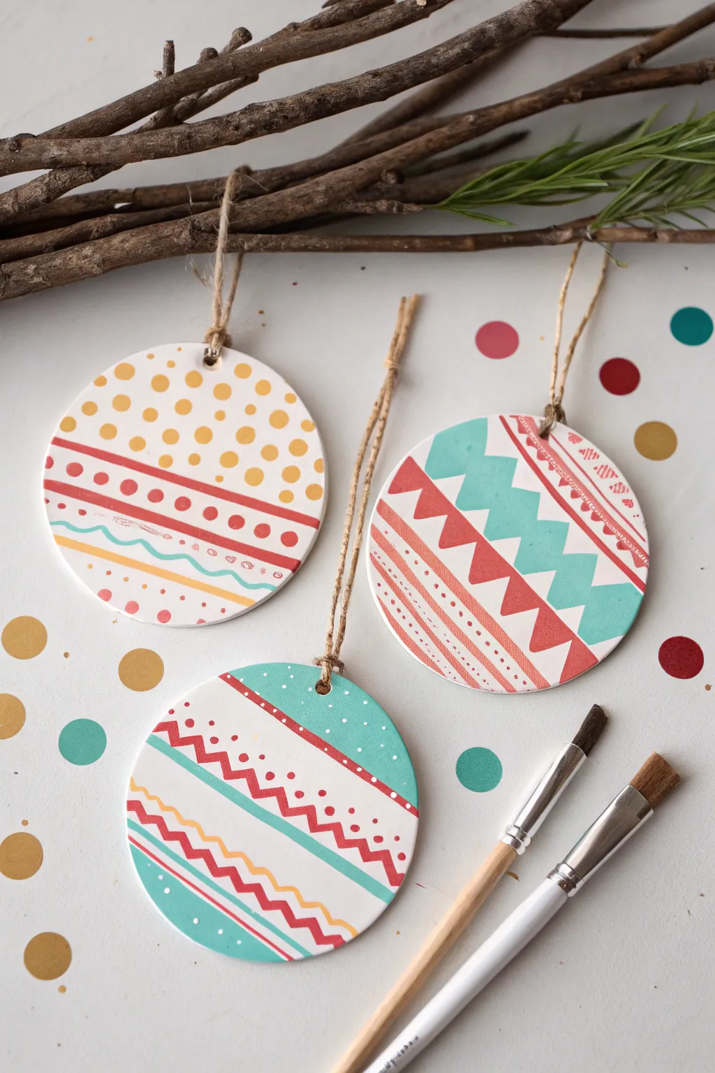 Simple branch garland with kid-painted ornaments and bright white highlights for festive pop