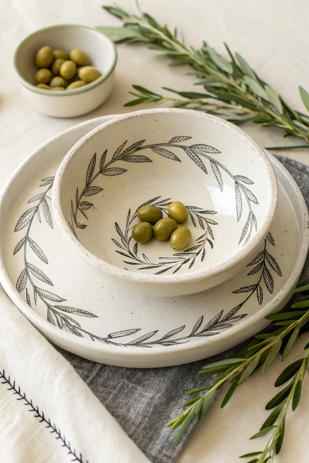 Minimal chip and dip bowl with olive branch rim border, calm Mediterranean, easy to paint.