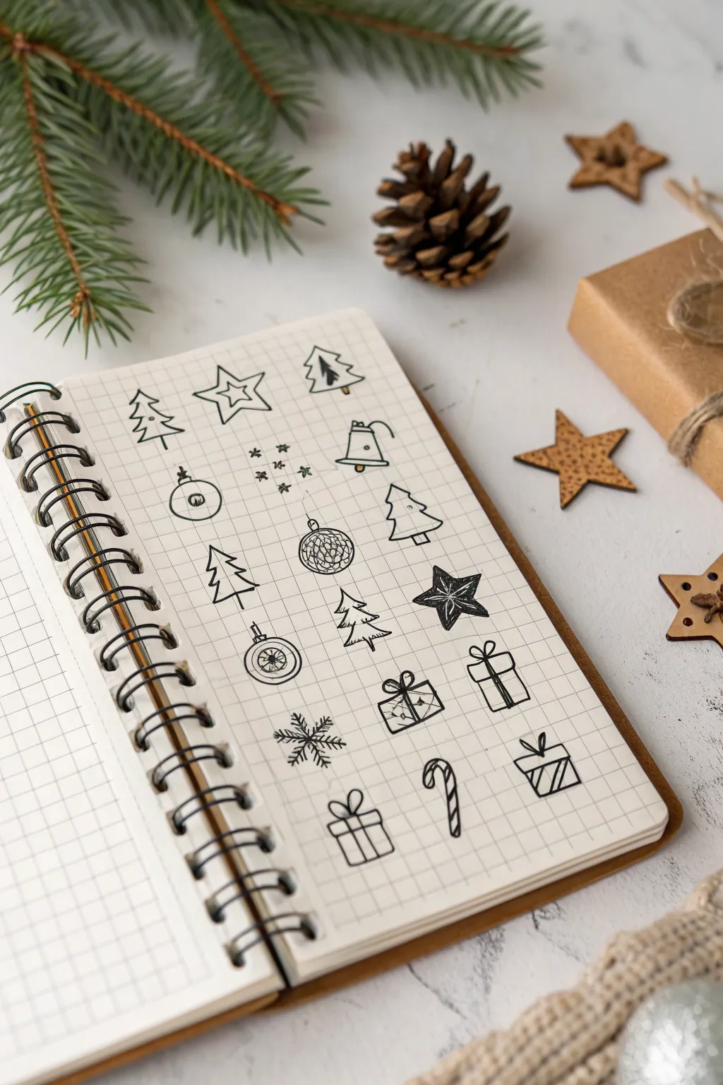 Mini Christmas icon doodle grid for easy festive drawing, clean minimalist Scandinavian style