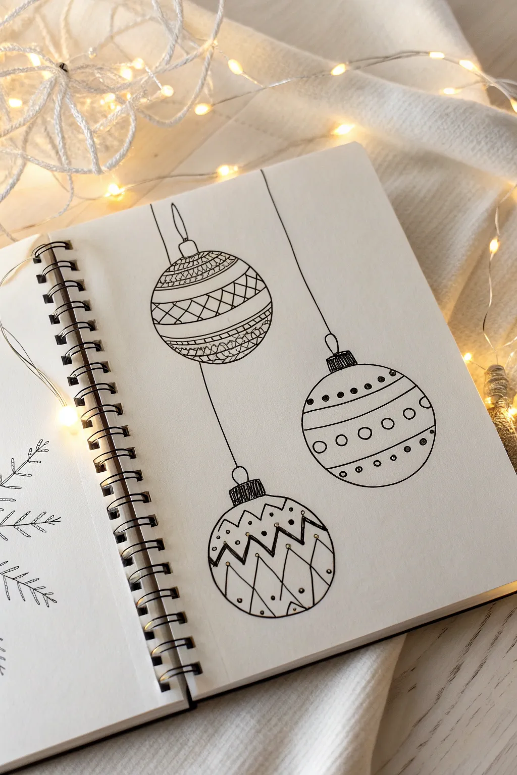 Easy ornament doodle sheet: three simple pattern-filled baubles in clean minimalist line art.