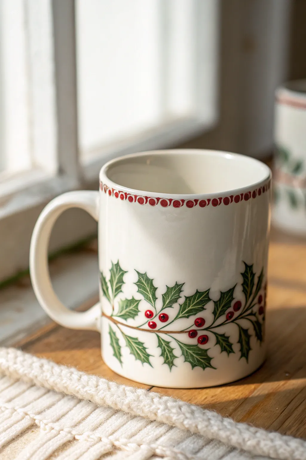 Minimal white mug with crisp holly and berry rim border, perfect for handmade Christmas charm