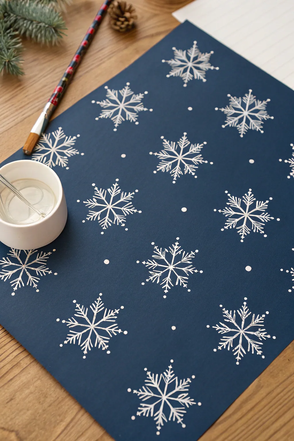 Minimal Q-tip snowflake dot painting on navy paper, perfect toddler Christmas craft idea.