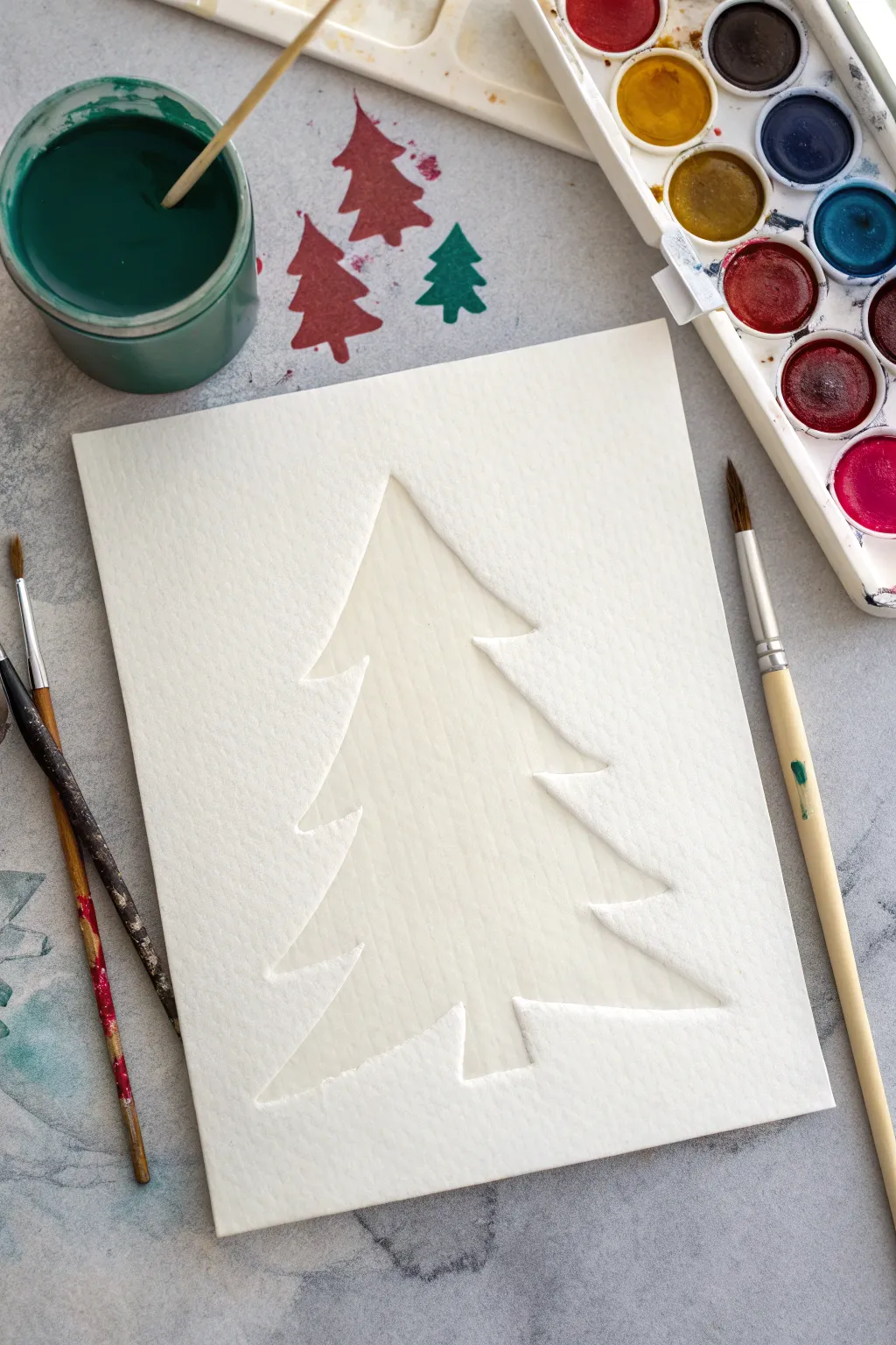 Satisfying peel reveal: clean white tree silhouette pops from a bold, messy festive wash.