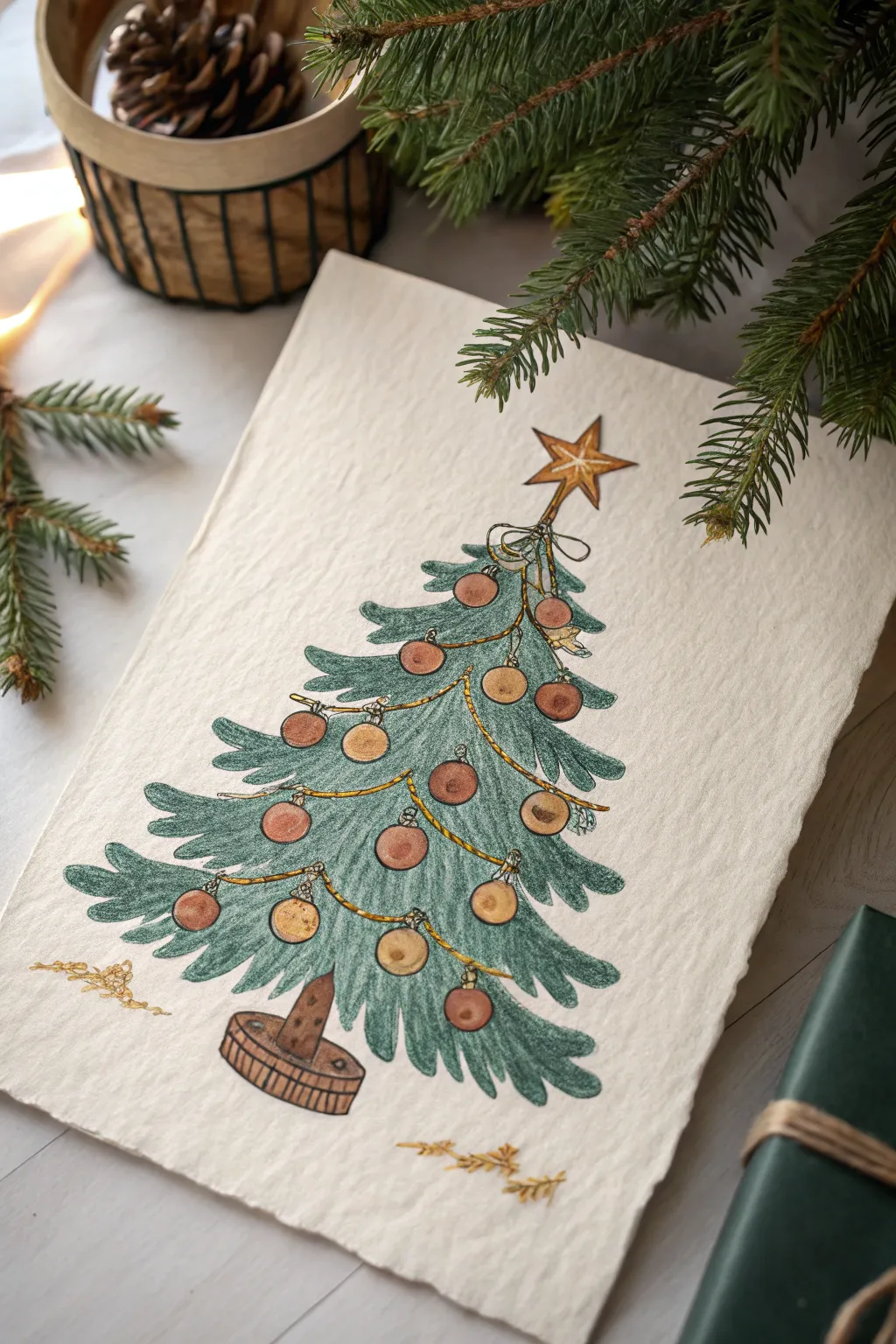 Draw a cute droopy-tier Christmas tree with bold ornaments and a big star, minimalist and cozy
