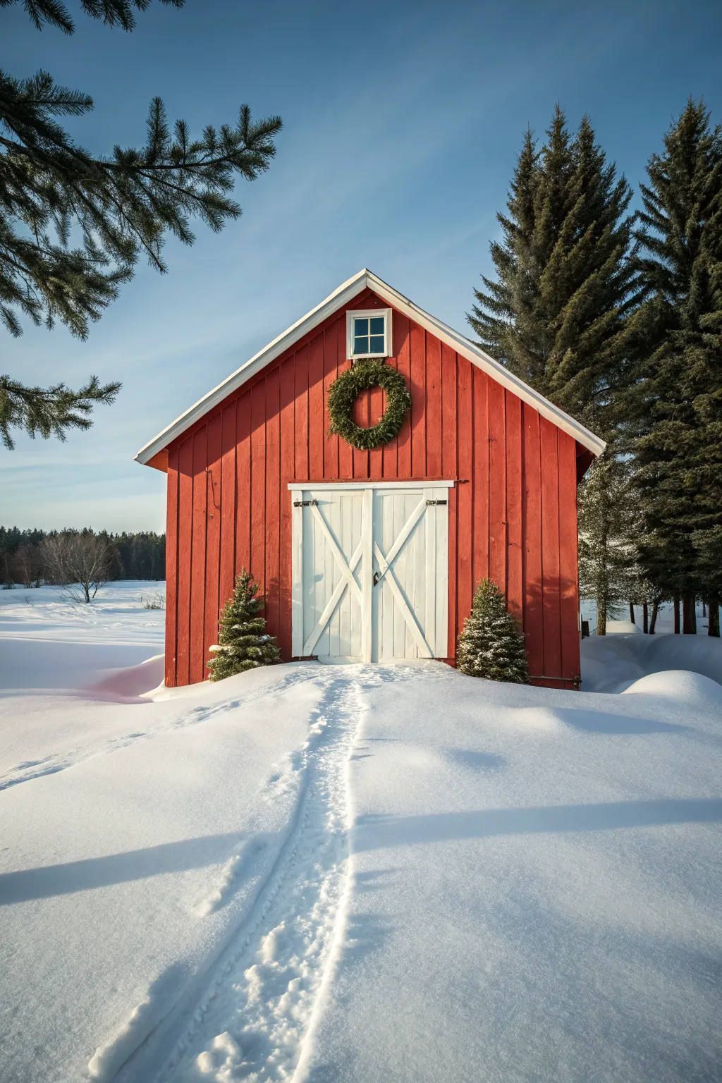 Bright red barn in fresh snow with a simple wreath and crisp blue winter shadows.