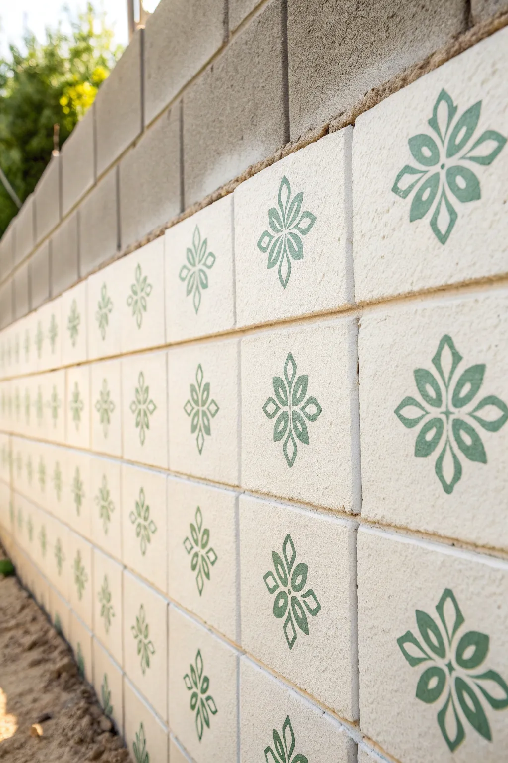 Repeating stencil motifs give painted cinder blocks an easy, modern pattern with artisan charm.