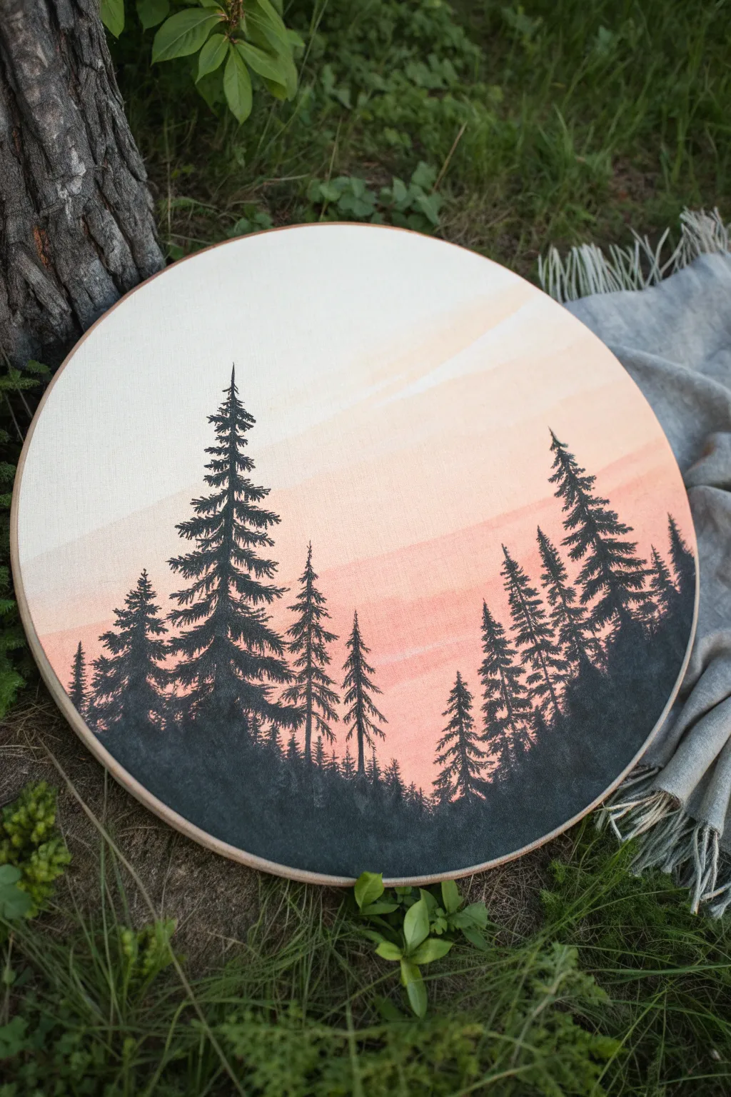 Minimalist circle canvas: pine tree silhouette ring beneath a soft sunrise gradient sky