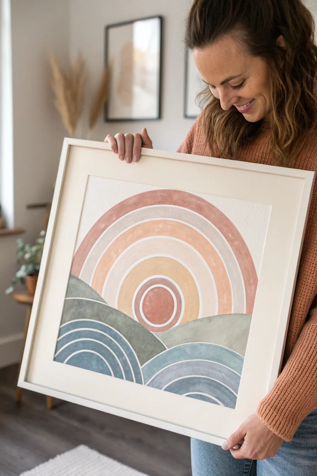 Minimalist circle painting with layered rolling hills in soft muted bands and crisp contrast