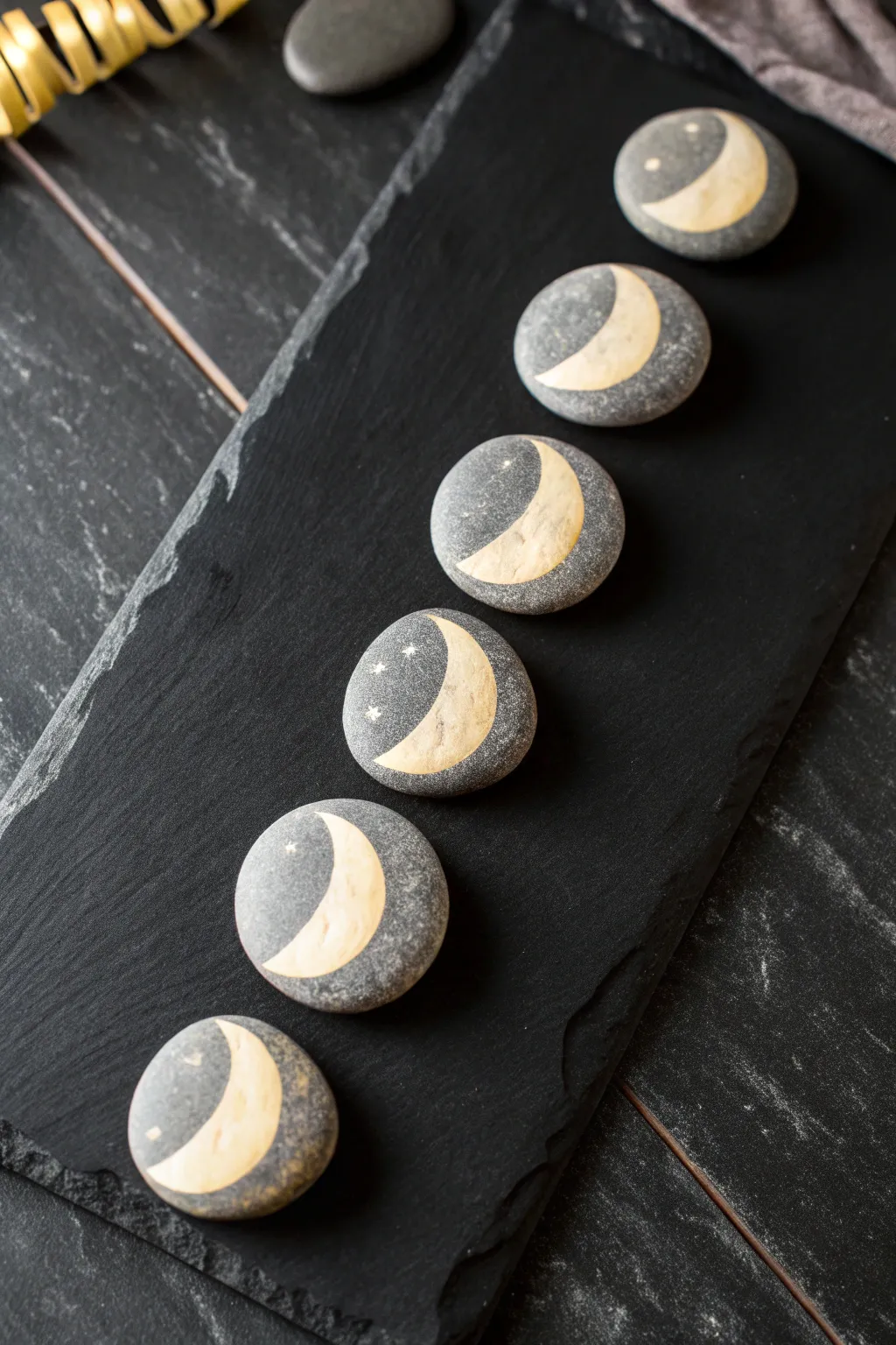 DIY lunar phase circle rock set in minimalist boho style for a calm, modern moon wall display