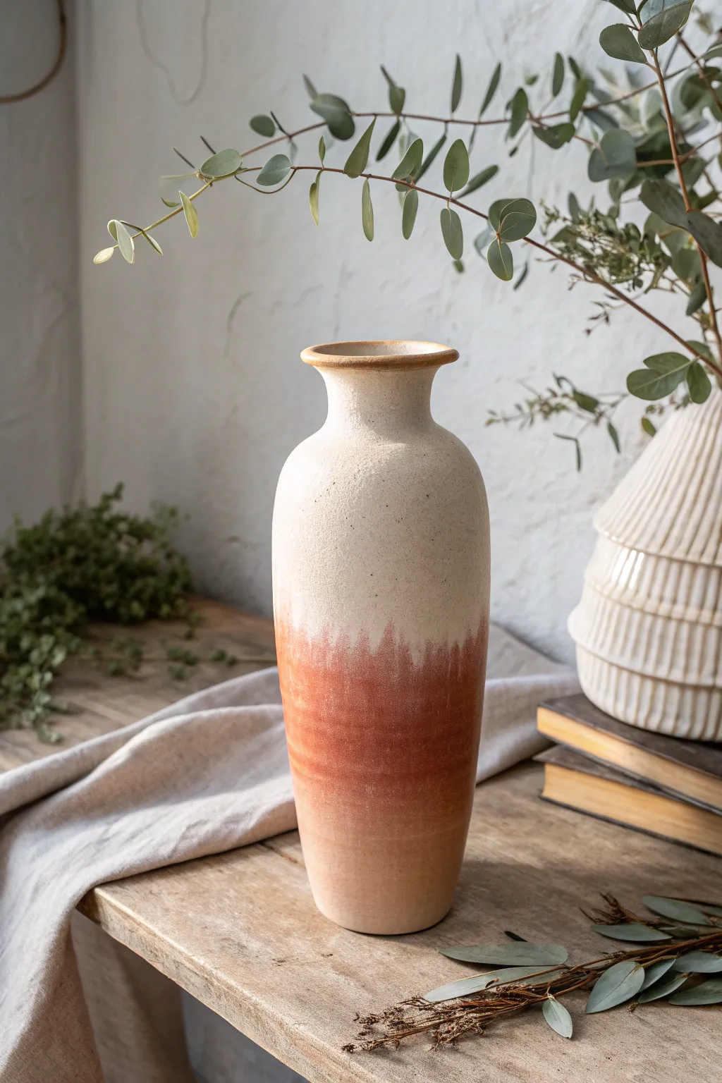 Handcrafted clay vase with a smooth ombre fade from deep base to airy rim, serene and modern.