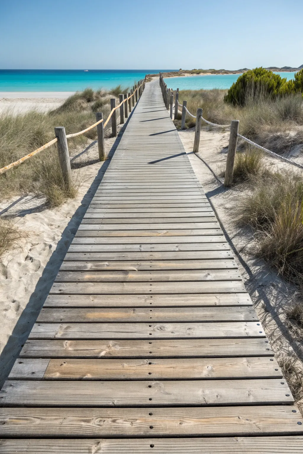 Weathered boardwalk planks over soft dunes, sunlit shadows guiding the eye to sea.