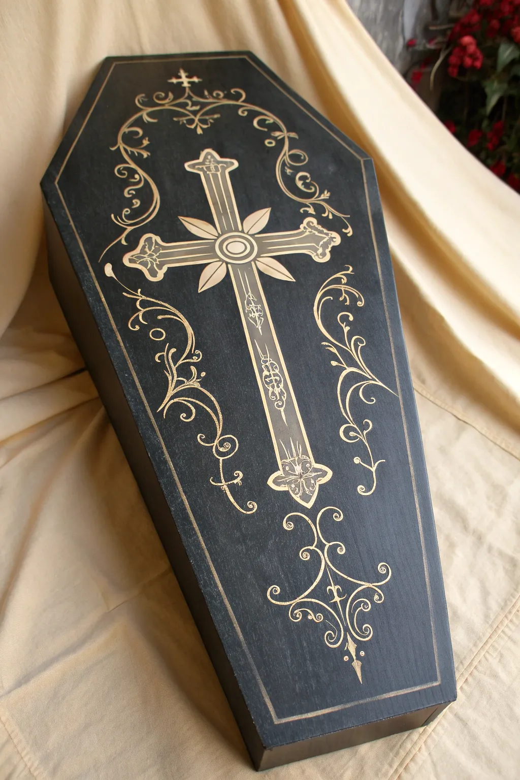 Minimal gothic coffin with centered cross and delicate scrollwork for elegant spooky painting ideas