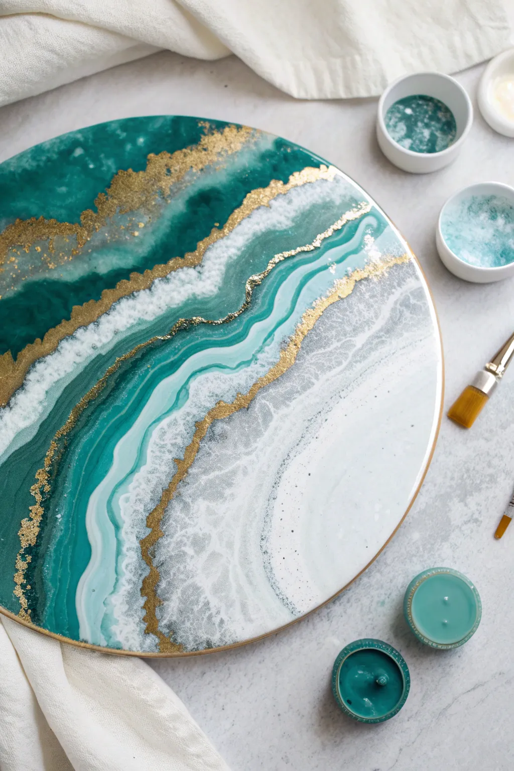 Teal, white, and gold geode pour painting palette with crisp contrast and luxe metallic shine