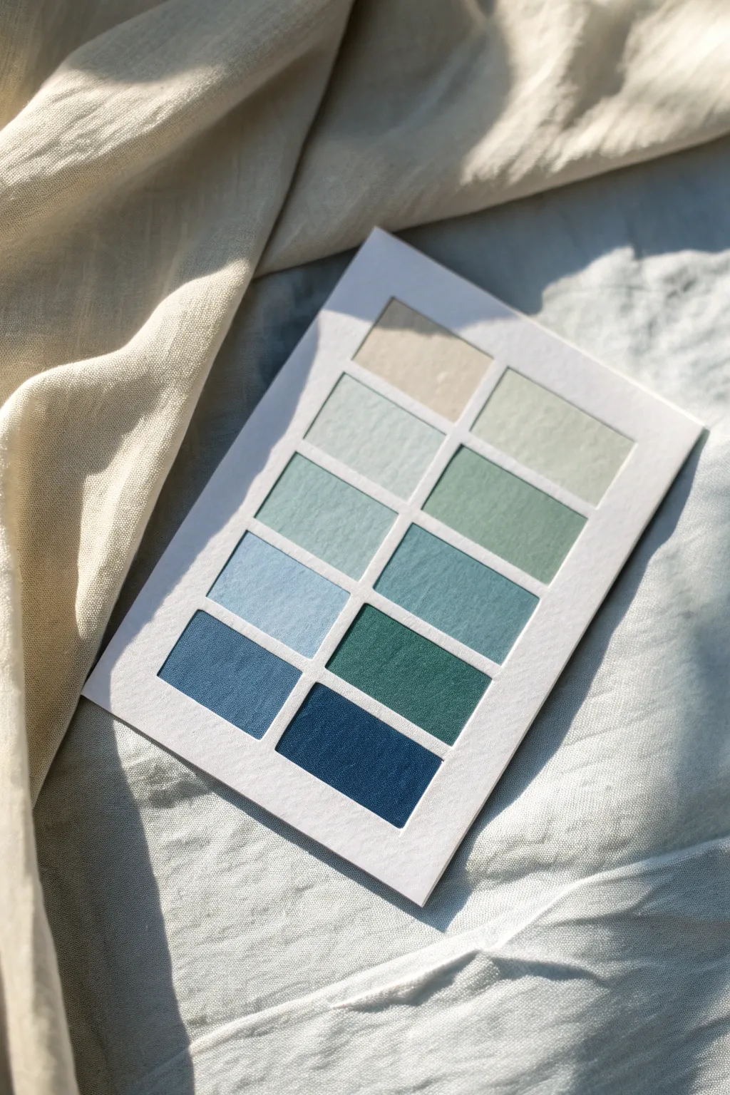 Coastal cool blues palette: sand, seafoam, misty gray, and oceanic blues for airy calm.