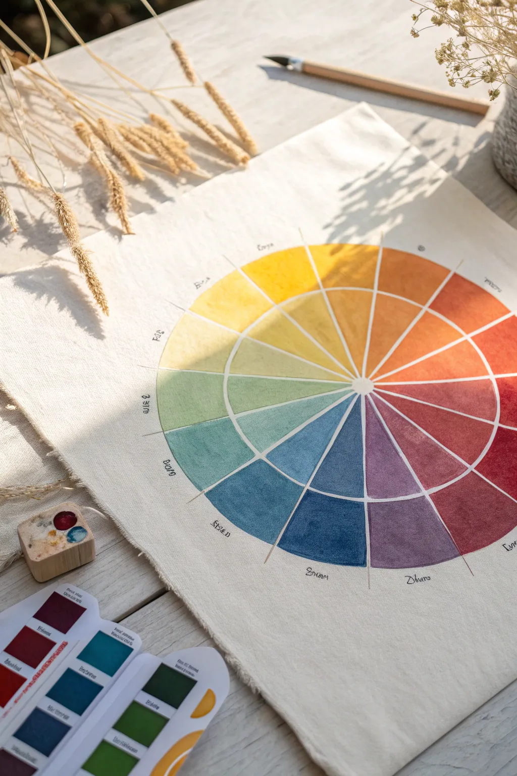 Monochromatic slice color wheel with value swatches, minimal boho studio vibe for calm practice