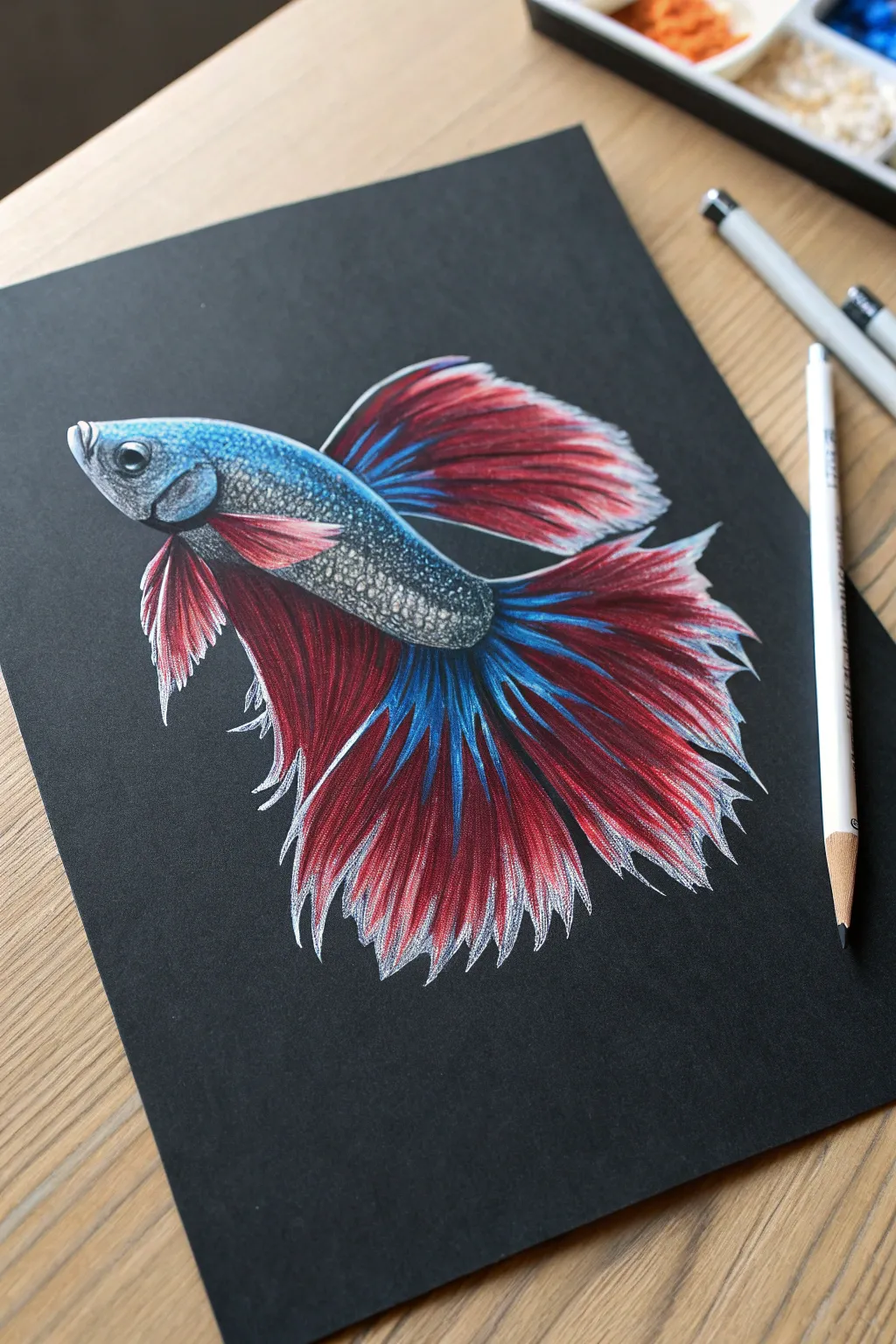 Jewel-tone betta fish on black paper with white highlights and flowing fins, airy and high contrast